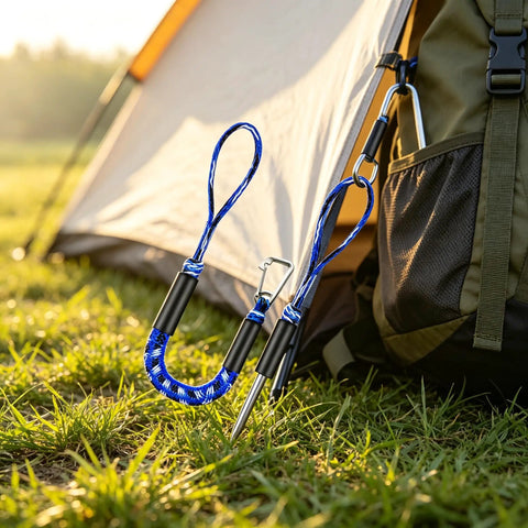Elastic Bungee Dock Line For Boats, 4 Ft Mooring Rope With Stainless Steel Clip attached to camping gear in field