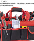 Tool bag filled with various hand tools and accessories, including pliers, screwdrivers, tape, and a measuring tape, organized in pockets