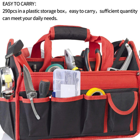 Tool bag filled with various hand tools and accessories, including pliers, screwdrivers, tape, and a measuring tape, organized in pockets