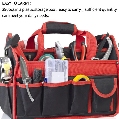Red and black tool bag with pliers, screwdrivers, and tools, related to Must Have 290 Piece Stainless Steel Cotter Pins Set With 24 Sizes