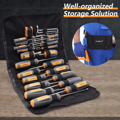 26 Piece Magnetic Screwdriver Set Kit With Heavy Duty Precision, Stubby And Angled Offset Drivers displayed in roll bag