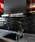 Wide Black Marble Countertop Contact Paper Waterproof Glossy Marble Wallpaper Peel And Stick 32 Inch Wide By 354 Inch Long Self Adhesive Vinyl Film shown on kitchen backsplash behind stove