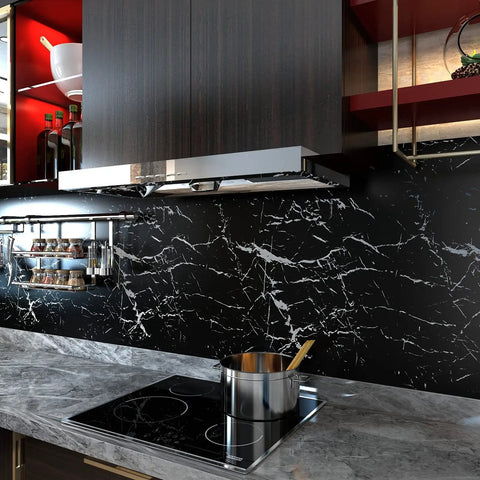Wide Black Marble Countertop Contact Paper Waterproof Glossy Marble Wallpaper Peel And Stick 32 Inch Wide By 354 Inch Long Self Adhesive Vinyl Film shown on kitchen backsplash behind stove