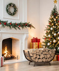 Heavy Duty Firewood Rack 25 Inch For Indoor And Outdoor Use Metal Firewood Holder near Christmas tree and gifts