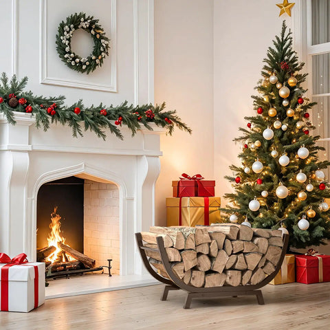 Heavy Duty Firewood Rack 25 Inch For Indoor And Outdoor Use Metal Firewood Holder near Christmas tree and gifts