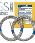 Heavy Duty Pro Grade 304 Stainless Steel Garage Door Extension Cable And Safety Kit With 194 In Lift Cables And 104 In Safety Cables (2 Pairs), Galvanized 3 Hole Mount Plates And S Hooks For 7 Ft Doors displayed with packaging and accessories.