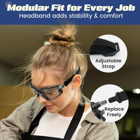 Person wearing All Day Comfort Anti Fog Safety Goggles With Foam Seal And Adjustable Strap