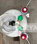 Propane Splitter Adapter With Gauge, 2 Way LP Gas Tee Connector for 20lb Tanks shown connected to propane tank.