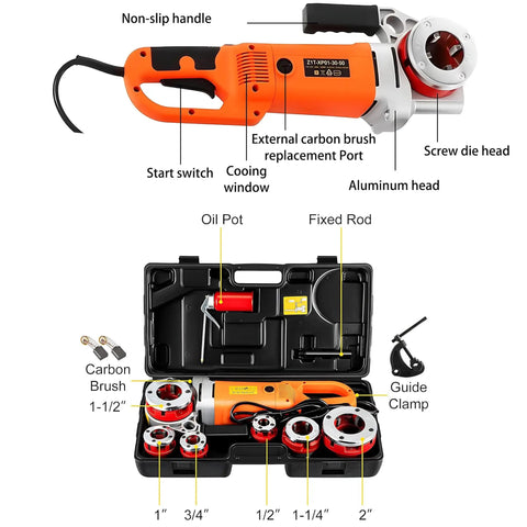 2300W Electric Pipe Threader Handheld Power Drive Kit with aluminum head and accessories in a case for threading pipes.