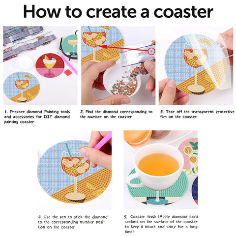 Step-by-step guide for Eight Piece Diamond Art Coaster Kit With Holder For DIY 5D Retro Cocktail Coasters Diamond Painting Set.