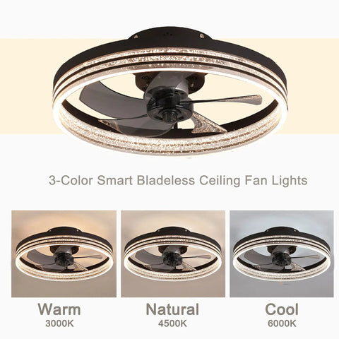 Low Profile Bladeless Ceiling Fan With Lights, App Or Remote Control, 19.7 Inch Flush Mount, Dimmable 3 Color LED
