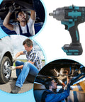 Heavy Duty 1000Nm Electric Brushless Shock Torque Wrench For Cars next to mechanics using it for tire and undercarriage repairs.