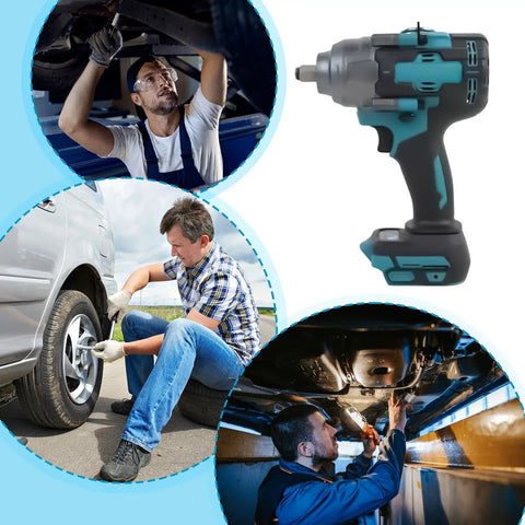 Heavy Duty 1000Nm Electric Brushless Shock Torque Wrench For Cars next to mechanics using it for tire and undercarriage repairs.