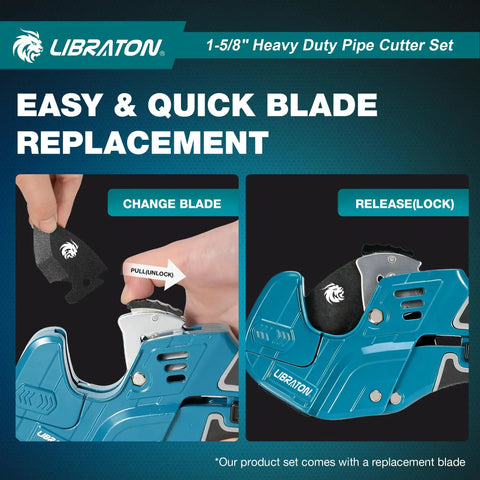 Image showing the Heavy Duty PVC Pipe Cutter With Ratchet For PEX PVC And PPR Hoses Up To One And Five Eighths Inch Capacity Includes Deburring Tool Replacement Blade And Two Adjustable Cutting Ranges For Fast Clean Cuts, highlighting easy blade replacement feature.