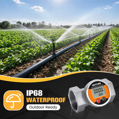 Waterproof 2 Inch Inline Flow Meter With NPT Thread 16-160 GPM Digital Liquid Flowmeter installed in a farm irrigation system