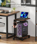 Two Tier Computer Tower Stand With Charging Station, Rolling Under Desk CPU Holder Cart For Home Office next to desk