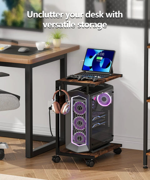 Two Tier Computer Tower Stand With Charging Station, Rolling Under Desk CPU Holder Cart For Home Office next to desk
