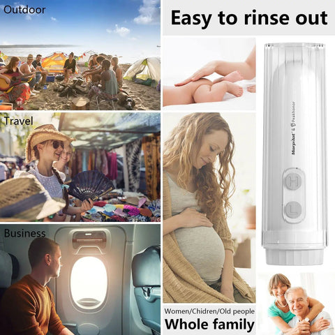 Portable Travel Bidet With Orientation Sensor Handheld Electric Mini Bidet Sprayer For Personal Hygiene And Postpartum Care IPX6 Waterproof 180 Degree Adjustable Nozzle Travel Bag On The Go shown with diverse uses.