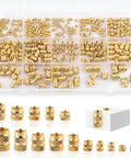 Must Have 420 Pcs Brass Heat Set Threaded Inserts Kit For Plastic M2 To M6 Knurled Nut Inserts Multi Size Assortment For 3D Printing DIY Projects Repairs And Workshop Use in labeled compartments.