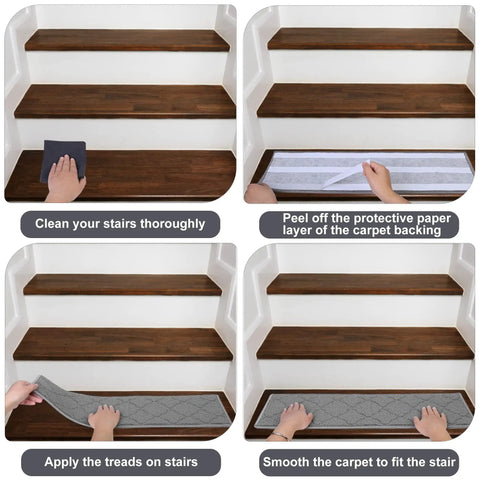 Steps to install Non Slip Stair Treads For Wooden Steps With Adhesive Backing, 28X9 Inches, 15 Pieces, 100 Percent Polypropylene Gray Indoor Stair Runners, Kid Safe Grip That Stays Put, Prevents Slips For Pets, Seniors, And Busy Homes.