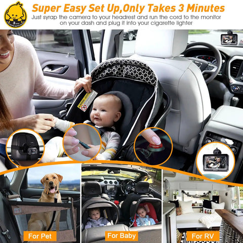 Cruise With Confidence Using This Rear Facing Baby Car Camera Featuring HD 1080P Clarity Ultra Wide View And Smooth Night Vision To Keep Tabs On Your Tot All Day Long, showing installation process and family use.