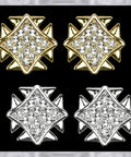 Straight Up Iconic Silver Plated Crystal Square Grid Wings Earrings Featuring Real Swarovski Crystals Surgical Steel Posts And Hella Comfy Bullet Backs For Major Night Out Glow, showcasing gold and silver variations.