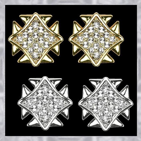 Straight Up Iconic Silver Plated Crystal Square Grid Wings Earrings Featuring Real Swarovski Crystals Surgical Steel Posts And Hella Comfy Bullet Backs For Major Night Out Glow, showcasing gold and silver variations.