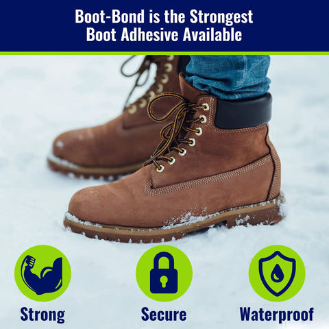 Boot on snowy ground demonstrating the Fast Dry Boot Repair Glue That Fixes Boots In Seconds, Tough Yet Flexible Waterproof Seal.