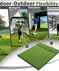 Flexible use of Premium Dual Turf Golf Mat 5x4ft Thick 1.57in showing practice in park, backyard, simulator, and basement.
