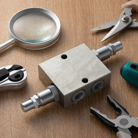 Front view of a metal Threlaco dual crossover hydraulic relief cushion valve with 3/8 in NPT ports, surrounded by hand tools.