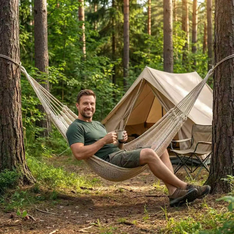 Man relaxing in Two Person Hammock 79 By 59 Inches Cotton Rope Outdoor Camping Hammock With 550 Lb Weight Capacity