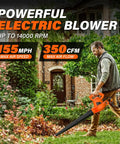 Man using Powerful 7 Amp Corded Electric Leaf Blower With Instant Start Delivers Up To 155 MPH And 350 CFM in garden