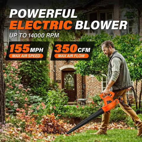 Man using Powerful 7 Amp Corded Electric Leaf Blower With Instant Start Delivers Up To 155 MPH And 350 CFM in garden