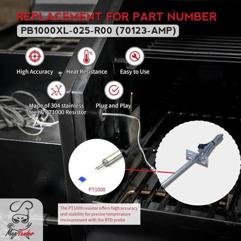 Replacement RTD Temperature Sensor Probe for Pit Boss Horizontal Controller showing installation features in grill