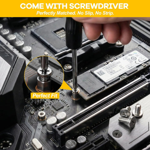 Top Shelf M.2 Ssd Mounting Screws 34 Pc Kit With M2 And M3 Standoffs For Asus Msi Gigabyte Motherboards Laptops Desktops No Sweat Setup Smooth Upgrade Builds with screwdriver securing SSD.