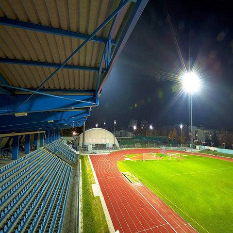 Stadium illuminated by 300W LED Stadium Flood Light Outdoor 2050W Equivalent 43500LM Beast Mode Bright Commercial Lighting IP66