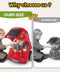 Child comparing Big Truck Engine Toy For Kids Aged 3 To 8 With Take Apart Mechanic Repair Set on a red engine model.