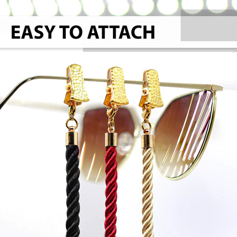 Close-up of Glasses Strap Set, 3 Pack Gold Terylene Eyewear Lanyard With Alligator Clips attached to sunglasses. Easy neck wear.