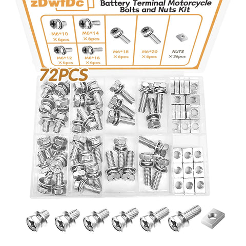 72 Piece Battery Terminal Bolts And Nuts Kit For ATV Bike Motorcycle And Scooter M6 Thread Sizes 10 12 14 16 18 20mm 304 Stainless Steel Bolts With Square Nuts Tough As Nails Easy Install Long Lasting displayed in organized container