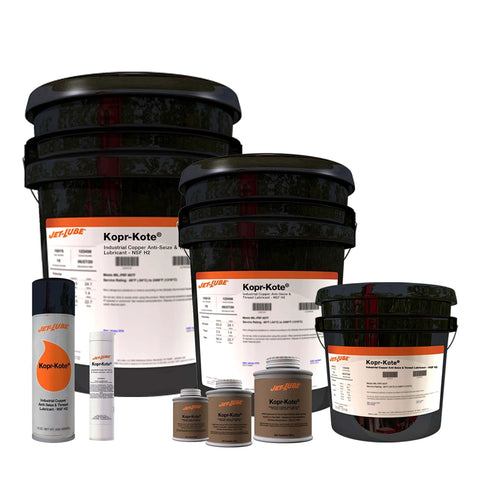 Kopr-Kote Copper Based Anti Seize Paste For High Temp Applications, Mil-Spec Grade EP Lubricant in various containers, 5 Gal Pail visible