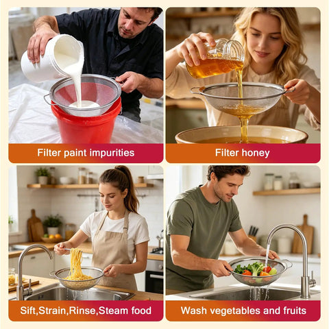 Fine Mesh Paint Strainer 60 Mesh Stainless Steel Filter for Emulsions Honey Funnel Cover fits 5 Gallon Paint Buckets in use