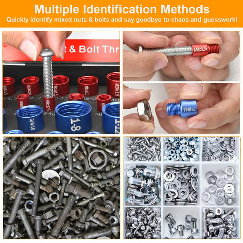 Collage of Comfylichi 50-piece nut and bolt thread gauge set; 27 standard & 23 metric detachable size finders.