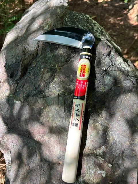 Japanese Weeding Sickle Kama For Fast Garden Cleanup, 4.7 Inch Serrated Blade, Curved Pull Cut Design on rock