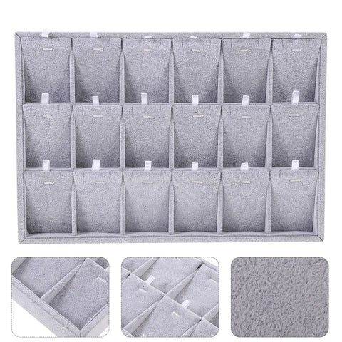 Large Grey Velvet Jewelry Tray With 18 Grid Dividers For Necklace And Watch Storage Soft Lined Organizer Dish features a soft fabric surface.