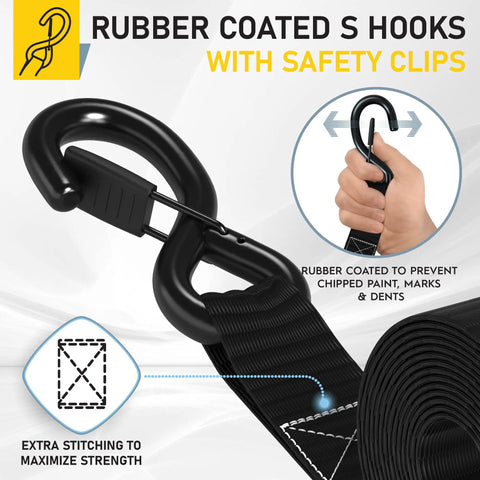Heavy Duty Ratchet Straps With Soft Loop Tie Downs One And A Half Inch By Ten Foot Four Pack Extra Strong Four Thousand Four Hundred Pound Break Strength S Hook Latches Ergonomic Handles Ideal For Motorcycles ATVs Trailers with rubber coated S hooks.