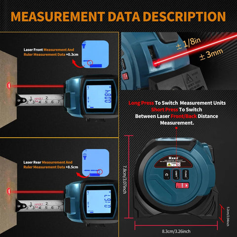 Three In One Laser Tape Measure And Rangefinder With AutoLock Digital LCD Distance Readout Up To 131 Feet 40 Meters Plus A 16 Foot Steel Tape For Quick Accurate Measurements Ideal For Renovations And DIY Projects. blue laser tape measure with LCD, front and rear distance modes, 16 ft steel tape
