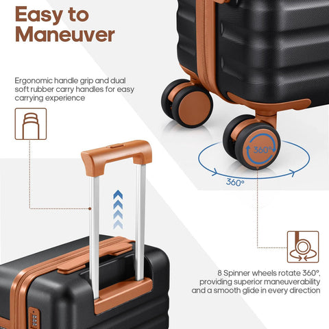 UKEIN 3-piece black PC hardside luggage set with 20-inch carry-on, TSA lock and spinner wheels