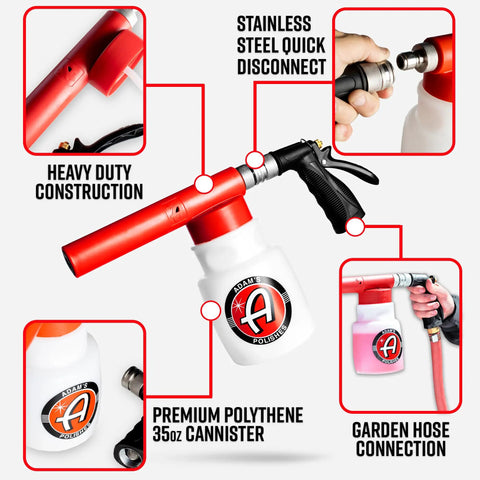 Foam Gun Car Wash Sprayer For Garden Hose No Pressure Washer Needed, heavy-duty red sprayer with 35oz canister and quick disconnect.