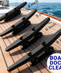 Various sizes of nylon boat cleat on deck, highlighting 4 inch as part of 4 pack, stainless screws included, corrosion resistant