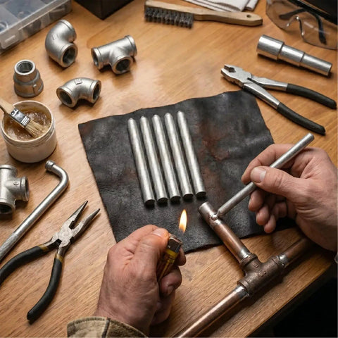 15 Pack Low Temp Aluminum Weld Rods 3.1 Inch used for metal repair on wooden table with tools and a heat source